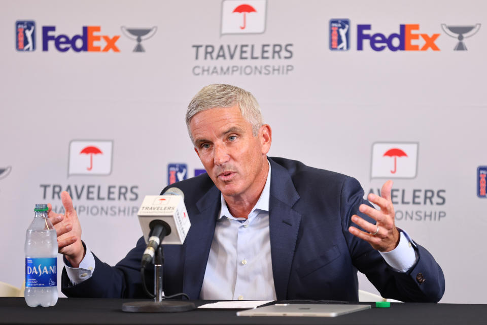 PGA Tour Commissioner Jay Monahan addresses the media during a press conference prior to the 2022 Travelers Championship at TPC River Highlands, Connecticut. (Photo: Michael Reaves/Getty Images)