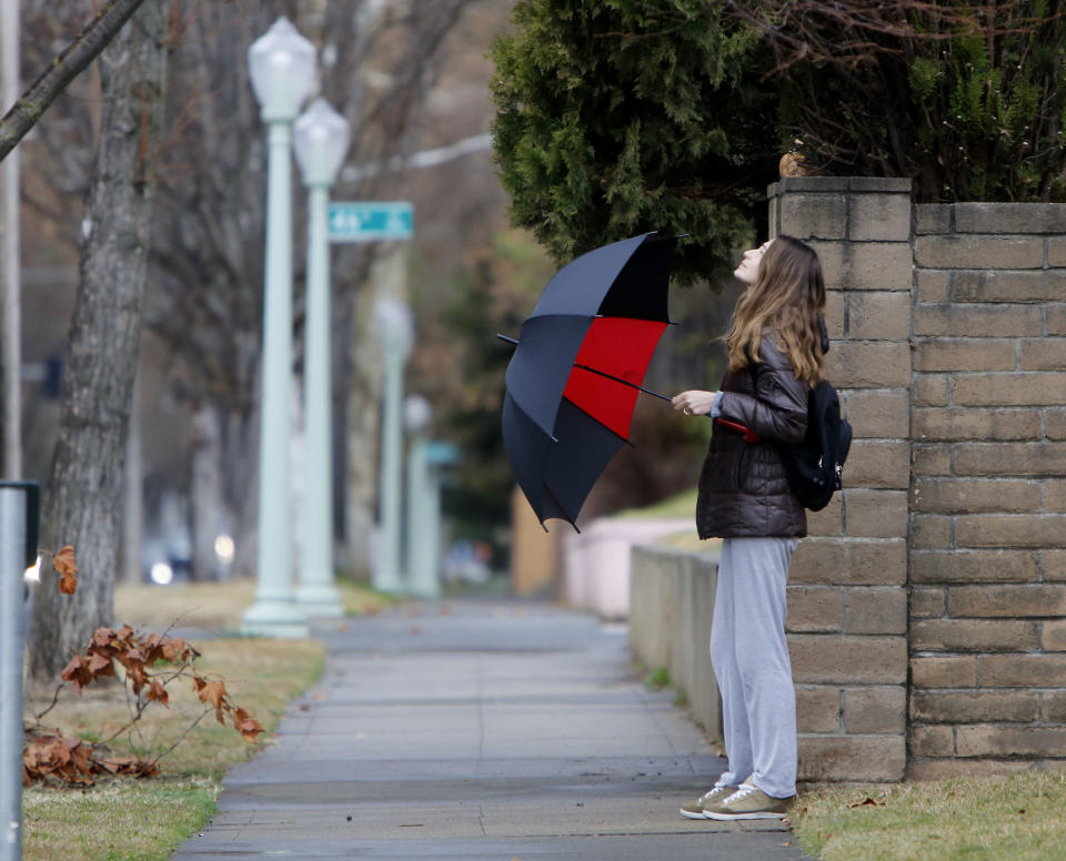 After a 52 day dry spell, residents finally found need of umbrellas as the first storm of the new year moved into in Sacramento, Calif., Wednesday, Jan. 29, 2014.(AP Photo/Rich Pedroncelli)