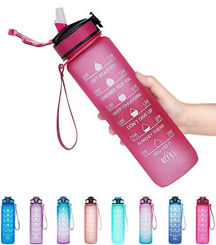 28) Giotto 32oz Large Leakproof BPA Free Drinking Water Bottle with Time Marker & Straw to Ensure You Drink Enough Water Throughout The Day for Fitness and Outdoor Enthusiasts- Pink