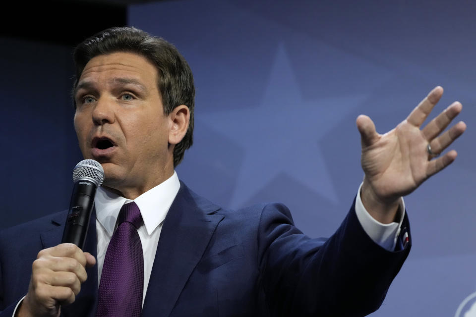 Republican presidential candidate Florida Gov. Ron DeSantis speaks during the Family Leadership Summit, Friday, July 14, 2023, in Des Moines, Iowa. (AP Photo/Charlie Neibergall)