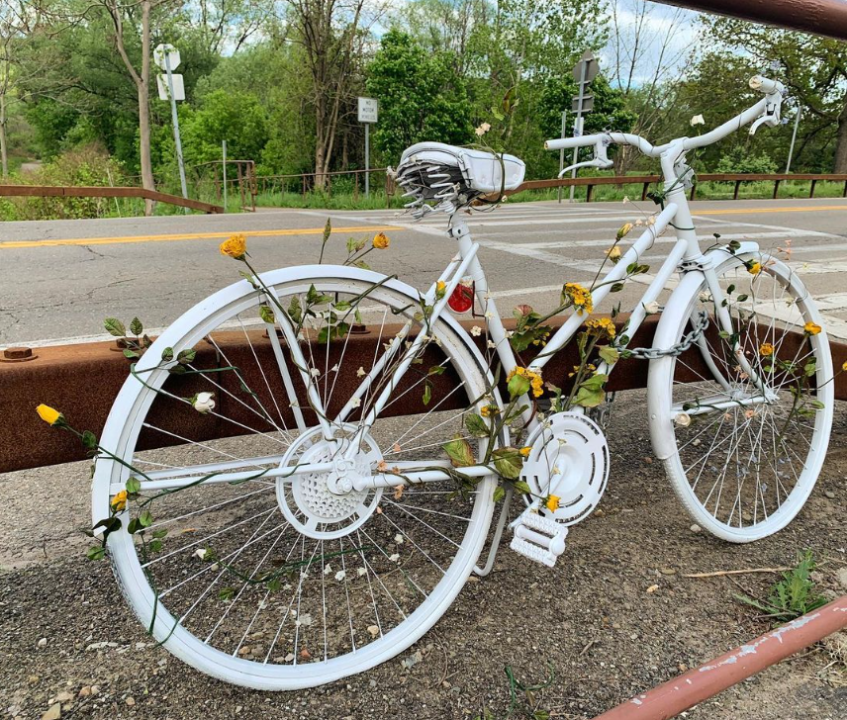 An Instagram post on May 17, 2022 from @elmirabikes shows the “ghost bike” memorial for Charles Rogers, killed in 2019.