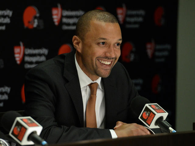 Sashi Brown speaks during a news conference announcing him as the new  president of the Baltimore Ravens at the team's NFL football training  facility, Thursday, March 24, 2022, in Owings Mills, Md. (