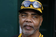 Member of the 1979 Pittsburgh Pirates World Championship team Dave Parker waits in the dugout before a pre-game ceremony honoring the team before a baseball game between the Pittsburgh Pirates and the Philadelphia Phillies in Pittsburgh, Saturday, July 20, 2019. (AP Photo/Gene J. Puskar)