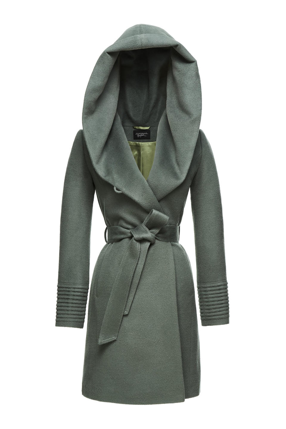 mid-length hooded wrap coat