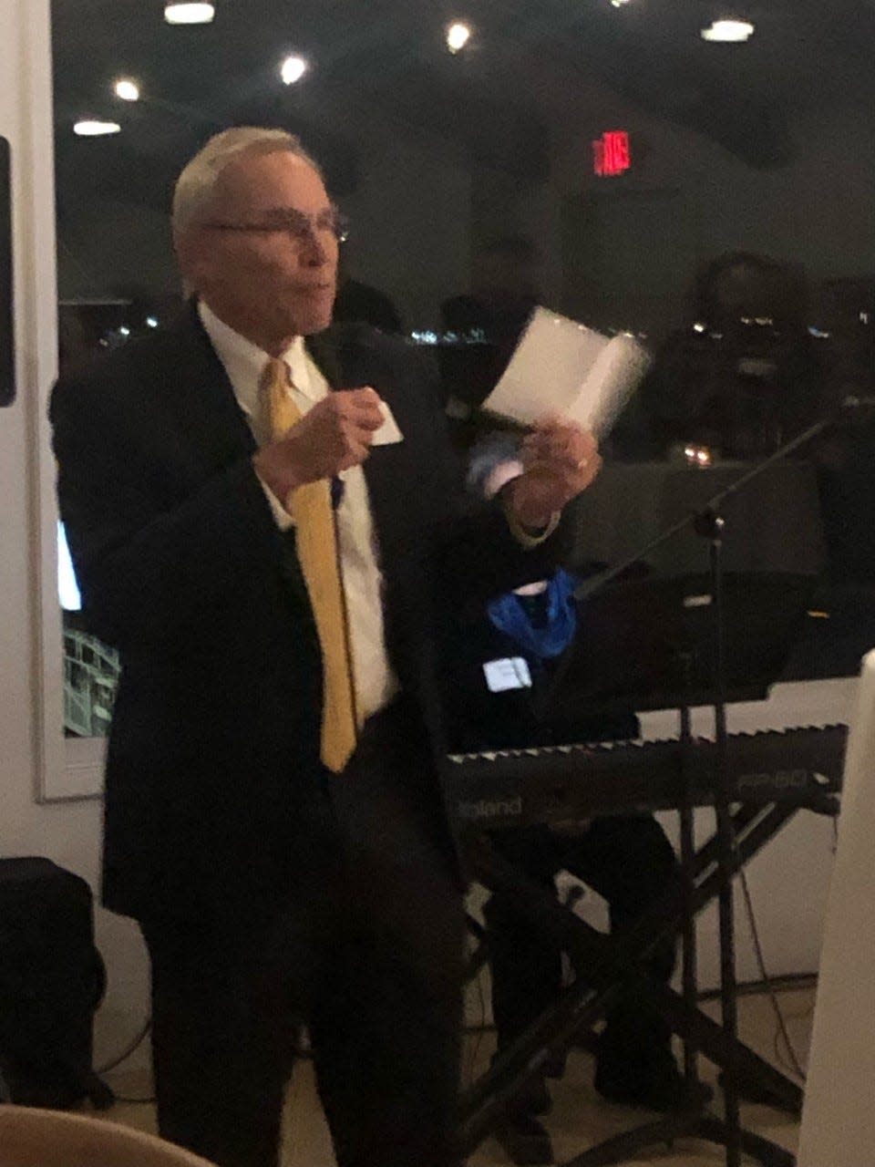 John Tabor, chairman of the Prescott Park Arts Festival's board of directors, speaks at The View at Pepperrell Cove in Kittery Point where the festival revealed it will produce "Little Shop of Horrors" Thursday.