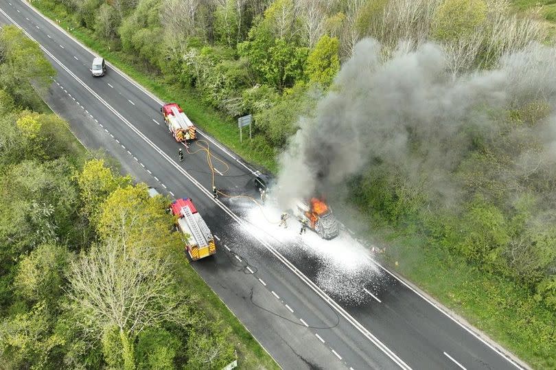 A van burst into flames on the A38 in Cornwall this morning (April 29)