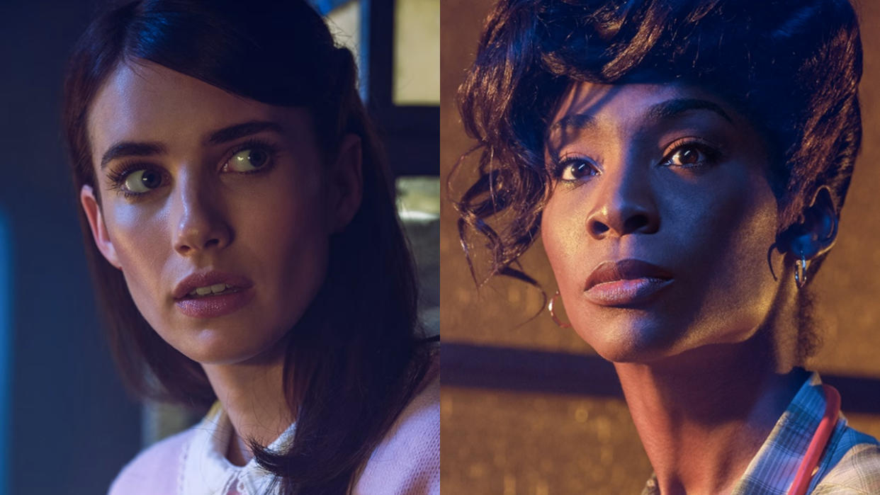  Emma Roberts and Angelica Ross' American Horror Story: 1984 characters, pictured side by side. 