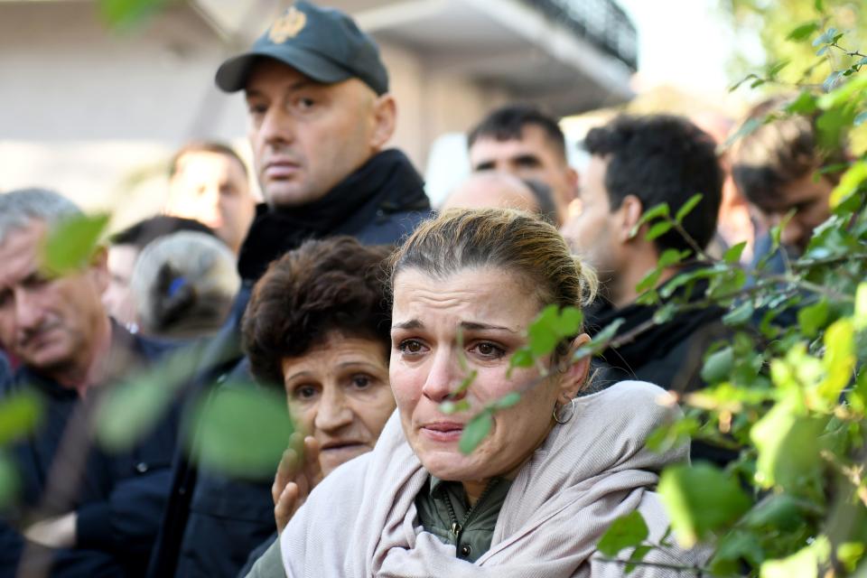 Relatives of people living at a collapsed building cry in Thumane, 34 kilometres (about 20 miles) northwest of capital Tirana, after an earthquake hit Albania, on November 26, 2019. (Photo: Gent Shkullaku/AFP via Getty Images)
