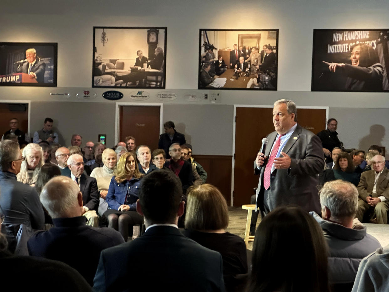 Former New Jersey Gov. Chris Christie speaks at the New Hampshire Institute of Politics at Saint Anselm College in Manchester, N.H., Monday, March 27, 2023. (AP Photo/Holly Ramer)