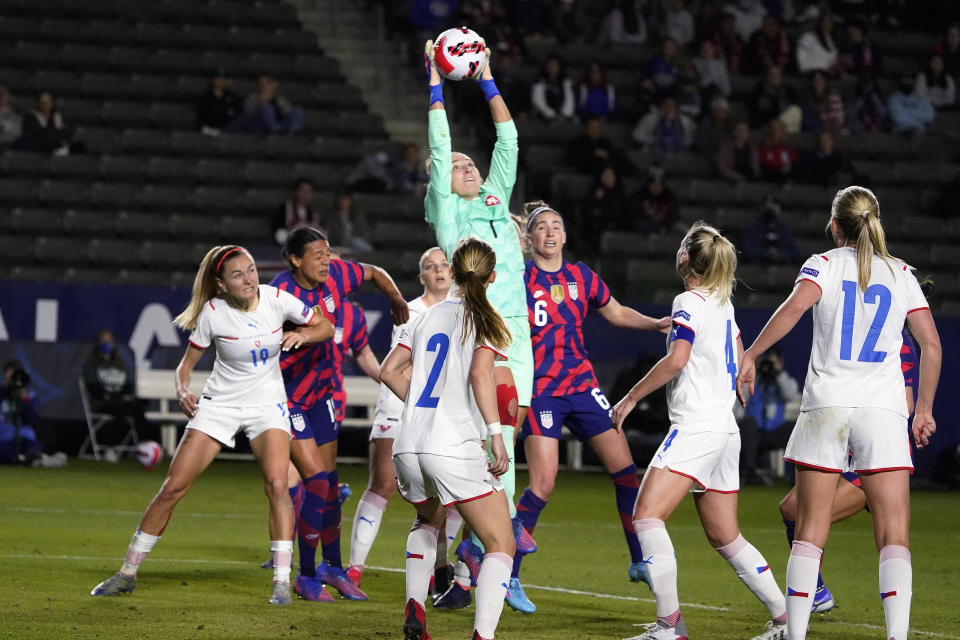 Czech Republic goalkeeper Barbara Votikova (1) grabs the ball on a corner kick during the first half of the team's She Believes Cup soccer match against the United States on Thursday, Feb. 17, 2022, in Carson, Calif. (AP Photo/Marcio Jose Sanchez)