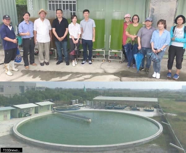 成大生技中心研究員以300噸養殖池進行益生藻培養，前屏東縣長曹啟鴻特率台灣糖業協會團隊至安南校區參觀微生物培養及蝦類養殖系統。（記者李嘉祥攝）