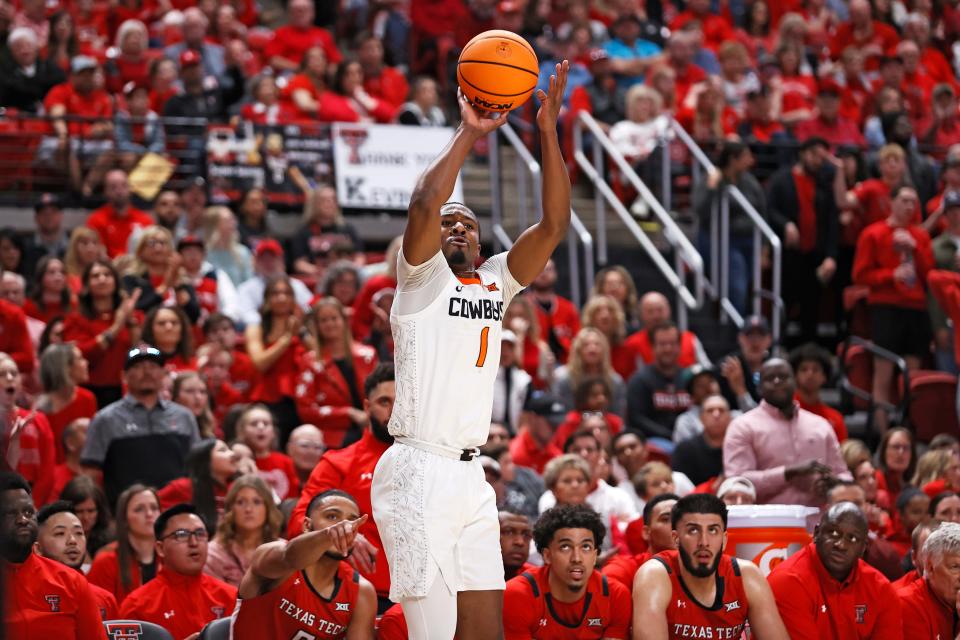 OSU's Bryce Thompson (1) shoots a 3-pointer during the first half of a 71-68 win at Texas Tech on Saturday night in Lubbock, Texas.