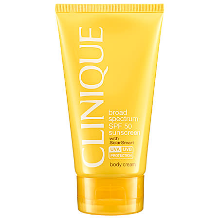 Clinique’s SolarSmart technology works to protect against the aging effects of UVA and UVB rays while remaining gentle enough for sensitive skin. Clinique Sun Broad Spectrum SPF 50 Sunscreen Body Cream ($23)