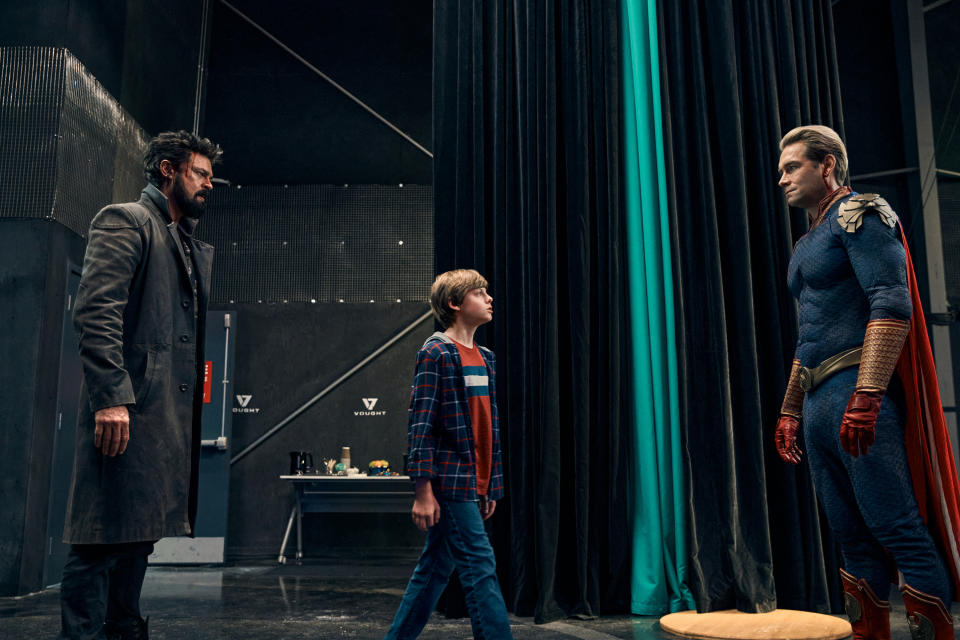 Karl Urban (Billy Butcher), Cameron Crovetti (Ryan), Antony Starr (Homelander) in The Boys. (Amazon Prime Video)