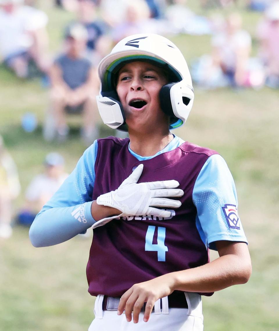 Middleboro 12U Nationals (New England) Shawn Miller celebrates his run scoring single during a game versus Nolensville, Tennessee (Southeast) at Howard J. Lamade Stadium at the Little League World Series in South Williamsport, PA on Wednesday, August 17, 2022.    