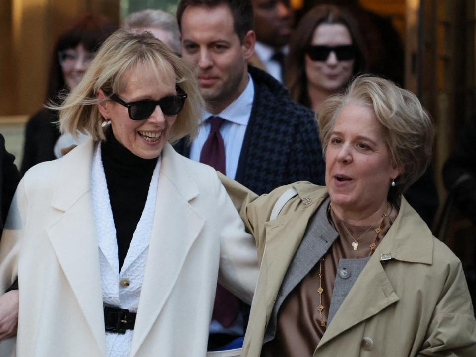 E Jean Carroll (l) with her attorney, Roberta Kaplan (r) as they leave court following a jury’s decision to award Ms Carroll $83.3m in damages in her defamation case against Donald Trump (REUTERS)
