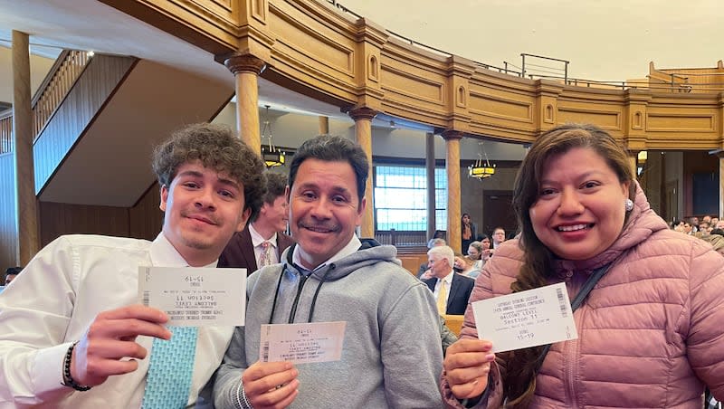 Gustavo Galvez, left, poses with his father, Gustavo Galvez of Provo, Utah, and Aleyda Irene Catalán Durán of Veracruz, Mexico, after the obtained tickets to the Saturday evening session of General Conference in the standby line at the Tabernacle on Temple Square on Saturday, April 6, 2024 in Salt Lake City, Utah.