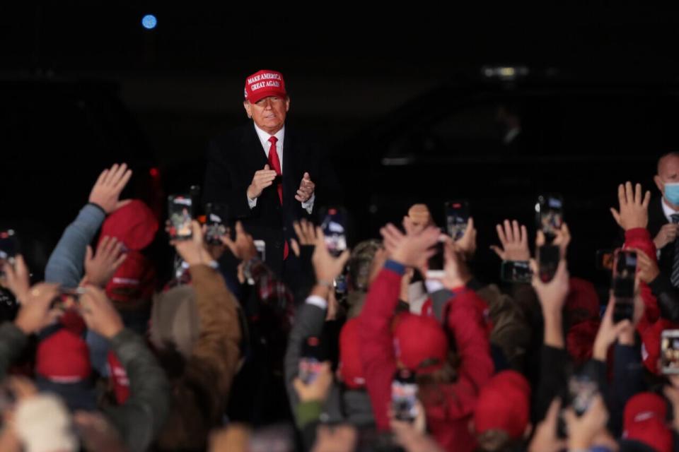 President Donald Trump arrives for a rally at the Southern Wisconsin Regional Airport on October 17, 2020 in Janesville, Wisconsin. (Photo by Scott Olson/Getty Images)