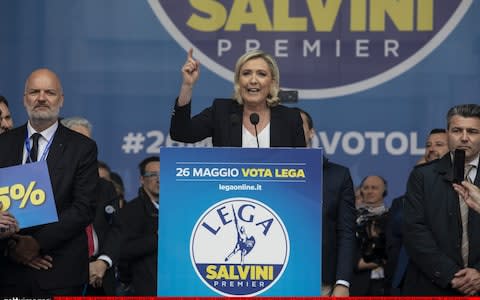 Marine Le Pen, president of the far-Right French National Rally, delivers speech in Milan alongside 10 European party leaders on Saturday  - Credit: Emanuele Cremaschi&nbsp;/Getty Images&nbsp;