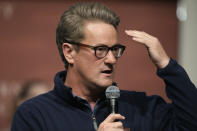 FILE - In this Oct. 11, 2017, file photo, MSNBC television anchor Joe Scarborough takes questions from an audience at forum at the John F. Kennedy School of Government, on the campus of Harvard University, in Cambridge, Mass. The husband of a woman who died accidentally in an office of then-GOP Rep. Joe Scarborough two decades ago is demanding that Twitter remove President Donald Trump’s tweets suggesting Scarborough murdered her. (AP Photo/Steven Senne, File)