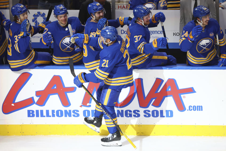 Buffalo Sabres right wing Kyle Okposo (21) celebrates after his goal during the third period of an NHL hockey game against the Pittsburgh Penguins, Friday, Nov. 24, 2023, in Buffalo N.Y. (AP Photo/Jeffrey T. Barnes)