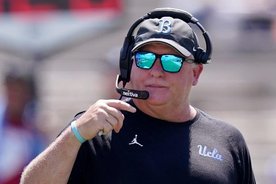 UCLA head coach Chip Kelly watches from the sideline during the first half of an NCAA college football game against Bowling Green Saturday, Sept. 3, 2022, in Pasadena, Calif. (AP Photo/Mark J. Terrill)