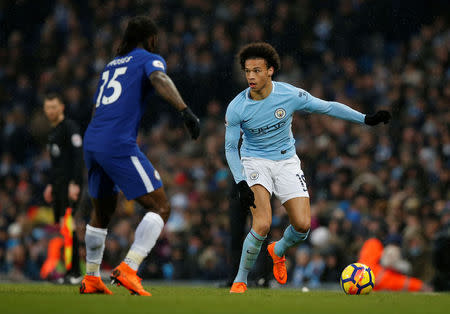 Soccer Football - Premier League - Manchester City vs Chelsea - Etihad Stadium, Manchester, Britain - March 4, 2018 Manchester City's Leroy Sane in action with Chelsea's Victor Moses REUTERS/Andrew Yates