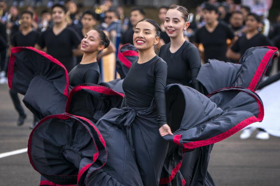 Members of Banda Monumental de Mexico rehearse on Thursday (Jane Barlow/PA) (PA Wire)