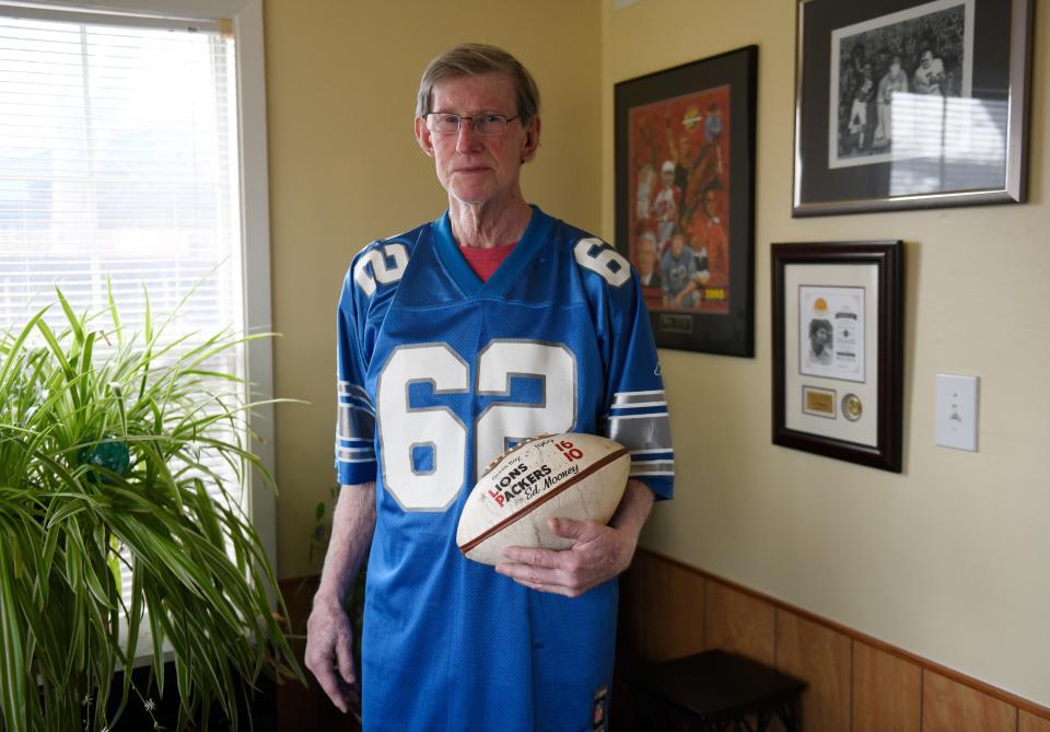 Former Texas Tech linebacker Ed Mooney sports a replica of the No. 62 jersey he wore for the Detroit Lions from 1968-72. Mooney, a Lubbock resident since 1996, is more invested in the NFL playoffs than usual with the Lions' run to Sunday's NFC championship game.