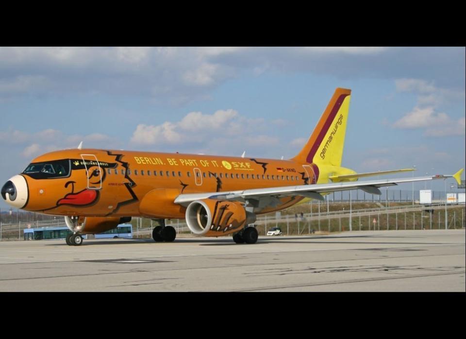 This Germanwings aircraft promotes tourism to Berlin with a cartoon riff on the bear that appears on the city's coat of arms.    <em>Photo: Timo Breidenstein</em>