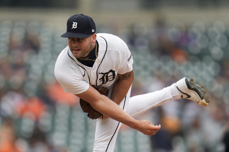 Detroit Tigers relief pitcher Alex Lange throws against the Chicago White Sox in the ninth inning of a baseball game, Sunday, Sept. 10, 2023, in Detroit. (AP Photo/Paul Sancya)