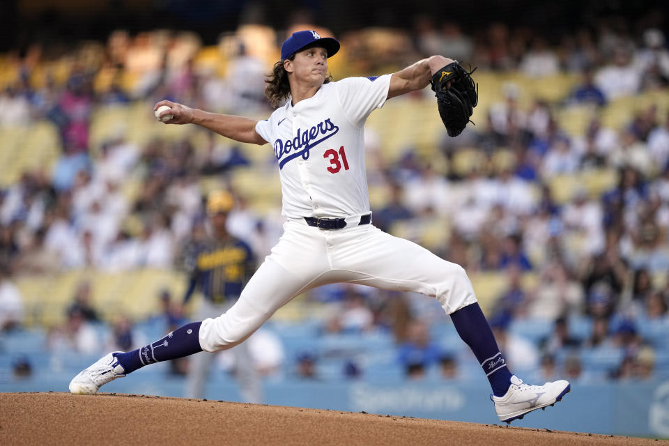 Los Angeles Dodgers starting pitcher Tyler Glasnow throws to the plate during the first inning of a baseball game against the Milwaukee Brewers Friday, July 5, 2024, in Los Angeles. (AP Photo/Mark J. Terrill)