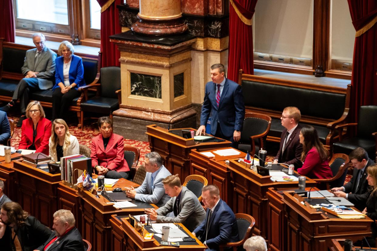 Iowa Senate Majority Leader Jack Whitver gives a speech in the Senate chambers during the opening day of the 2024 session, on Monday, Jan. 8, 2024, at the Iowa Capitol.