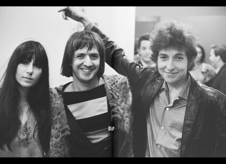 Bob Dylan with Cher and Sonny Bono, L-R: Cher, Sonny Bono, and Bob Dylan. 