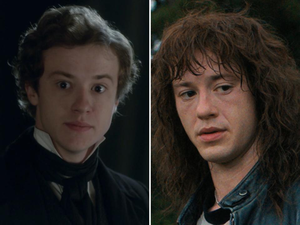 left: joseph quinn as arthur havisham in dickensian. he has short hair and thin eyebrows and is dressed in period clothes; right: joseph quinn as eddie munson in stranger things, with long curly hair and wearing a denim jacket