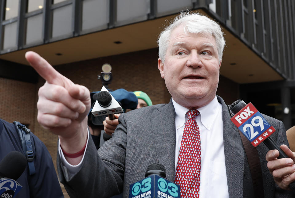 FILE - Former Philadelphia union leader John Dougherty talks to the media outside the federal courthouse in Philadelphia, Dec. 7, 2023, after he and a codefendant were convicted of using more than $600,000 in union funds for personal use. Dougherty was being sentenced Thursday, July 11, 2024. (Yong Kim/The Philadelphia Inquirer via AP, File)