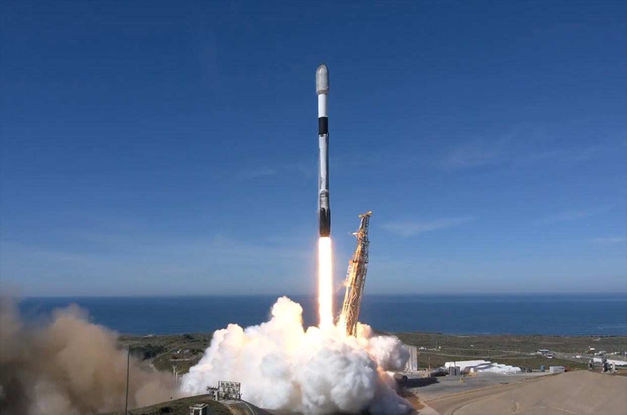  A SpaceX Falcon 9 rocket lifts off with 90 payloads destined for orbit from Space Launch Complex 4E (SLC-4E) at Vandenberg Space Force Base in California on Saturday, Nov. 11, 2023. 
