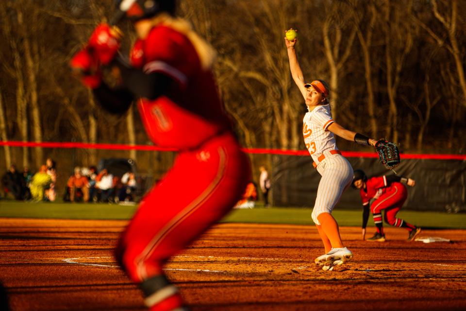 University of Tennessee Vols Karlyn Pickens (23) winds up for a pitch during the Midstate Classic at Ridley Sports Complex in Columbia, Tenn. on Mar. 15, 2023.