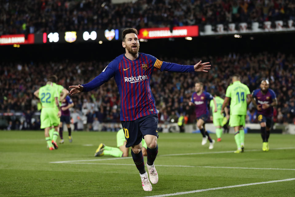 Barcelona forward Lionel Messi celebrates after scoring his side's opening goal during a Spanish La Liga soccer match between FC Barcelona and Levante at the Camp Nou stadium in Barcelona, Spain, Saturday, April 27, 2019. (AP Photo/Manu Fernandez)