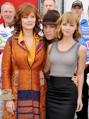 Susan Sarandon , Emile Hirsch and Christina Ricci at the Long Beach Grand Prix and Toyota Pro/Celebrity Race for the Speed Racer cast photo shoot