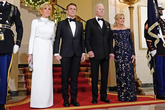 Chris Kleponis/CNP/Bloomberg/Getty US First Lady Jill Biden, from right, US President Joe Biden, Emmanuel Macron, France's president, and wife Brigitte Macron at the White House ahead of a state dinner in Washington, DC, US, on Thursday, Dec. 1, 2022.