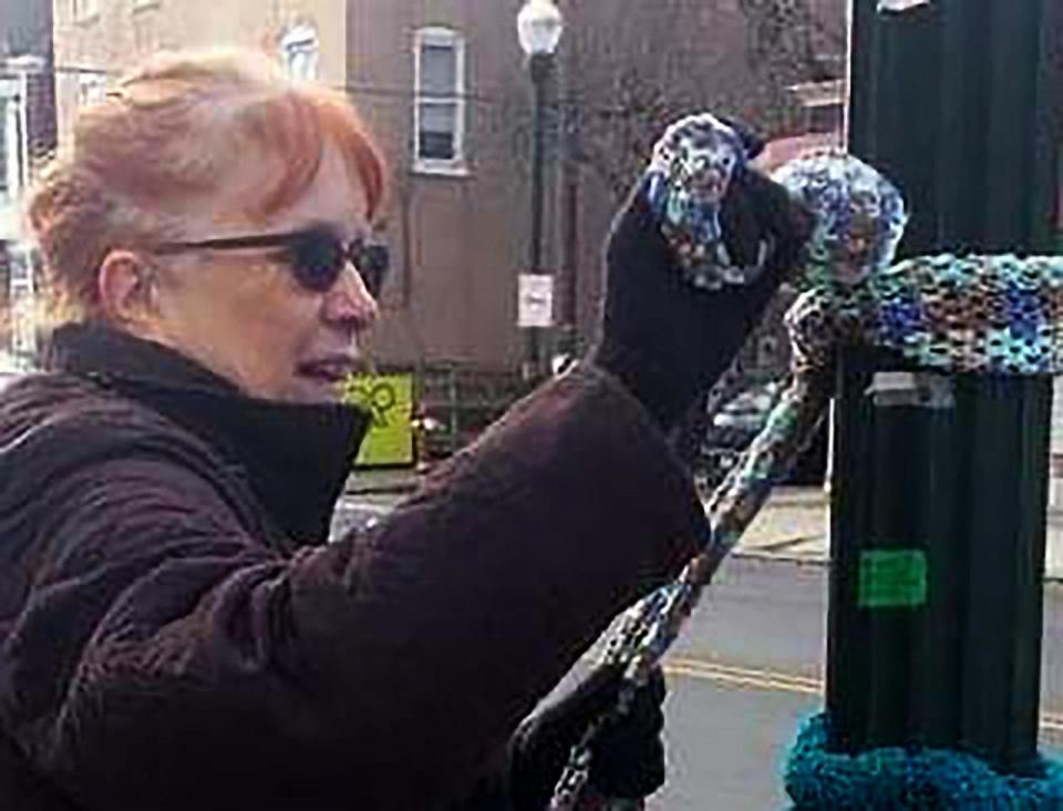 PHOTO: Suzanne Volpe started “scarf bombing” in Harrisburg, Pennsylvania in 2014 and started the Facebook group Scarf Bombardiers in 2015.<p>(Courtesy of Suzanne Volpe)
