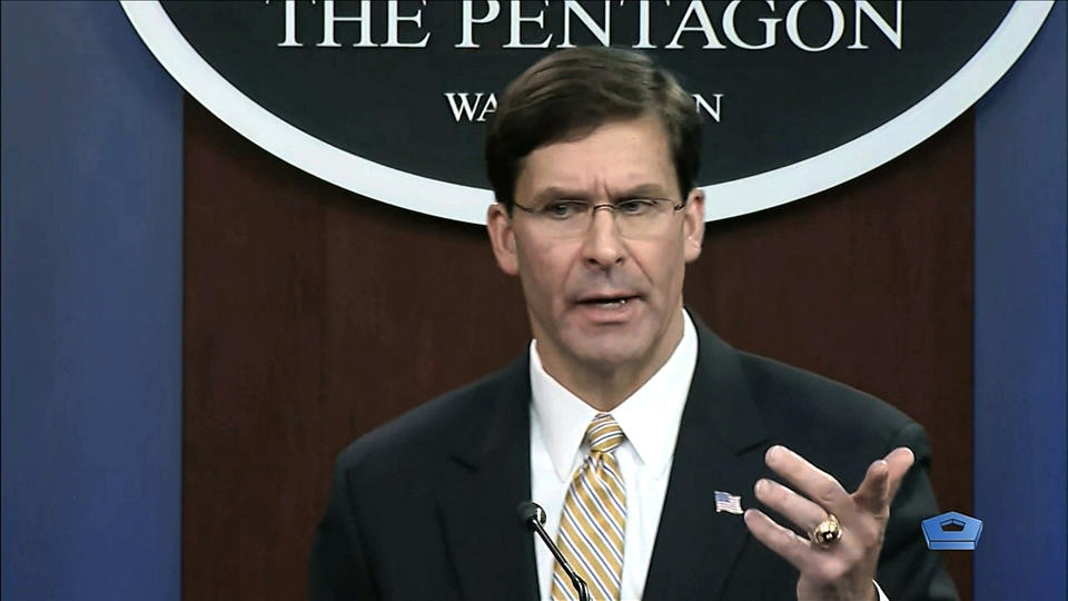 In this image from video, Secretary of Defense Mark Esper talks to the press on Iran and Iraq, Tuesday, Jan. 7, 2020, at the Pentagon in Washington. (divids via AP)