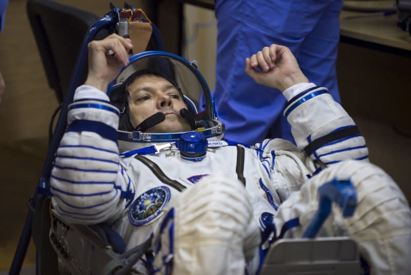 Expedition 44 Soyuz Commander Oleg Kononenko of the Russian Federal Space Agency (Roscosmos) has his Russian Sokol suit pressure checked in preparation for launch aboard the Soyuz TMA-17M spacecraft on Wednesday, July 22, 2015, at the Baikonur Cosmodrome in Kazakhstan. File NASA photo by Aubrey Gemignani/UPI