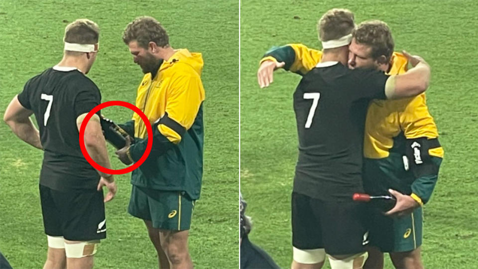 Seen here, All Blacks captain Sam Cane presents Wallabies prop James Slipper with a bottle of wine.