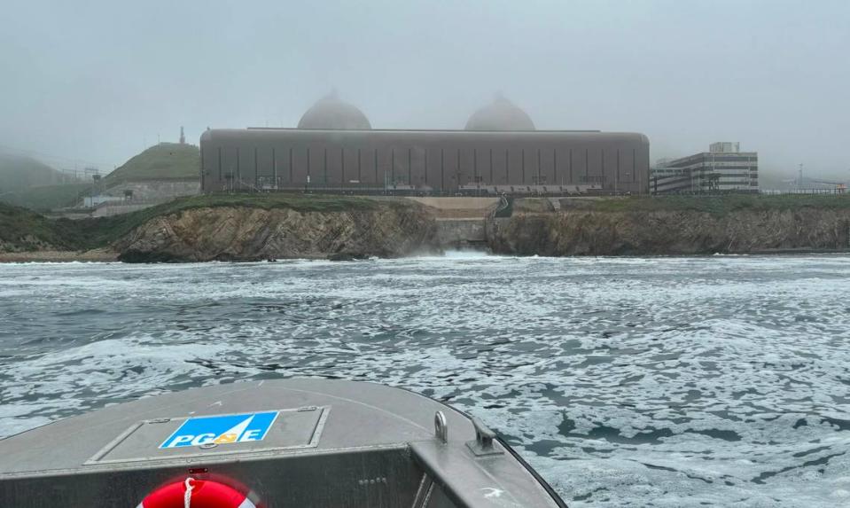 Water from Diablo Canyon nuclear power plant’s once-through cooling system pours into Diablo Cove in April 2024.