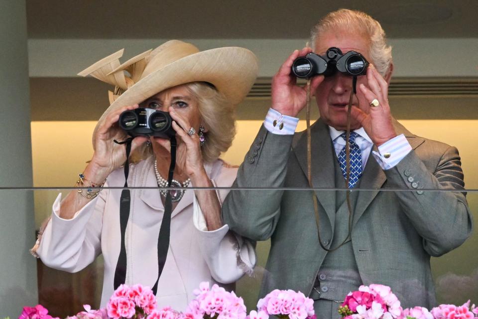 Charles and Camilla standing on a glass balcony that is lined with pink flowers while holding pairs of binoculars to their eyes.