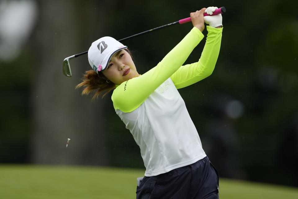 Ayaka Furue, of Japan, tees off on the fourth hole during the first round of the Women's PGA Championship golf tournament, Thursday, June 22, 2023, in Springfield, N.J. (AP Photo/Matt Rourke)