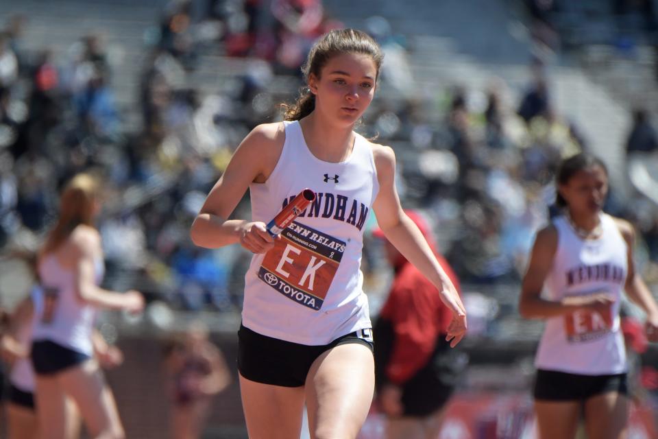 West Morris Mendham's Anna Shaw runs the anchor leg in a 4x400 relay Thursday, April 28, 2022 at the Penn Relays in Philadelphia, Pa. Mendham placed first in the event.