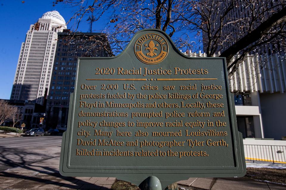 A memorial marker at Louisville's Jefferson Square Park recognizing the 2020 racial justice protests along with Breonna Taylor, David McAtee and Tyler Gerth. Dec. 28, 2022